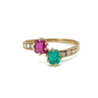 Bague toi et moi émeraude rubis en or 18 carats d&rsquo;occasion