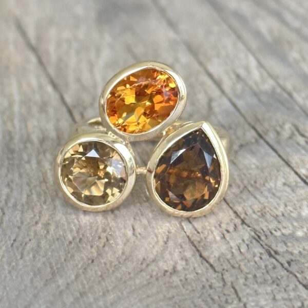 Bague citrine quartz fumés or 18 carats occasion