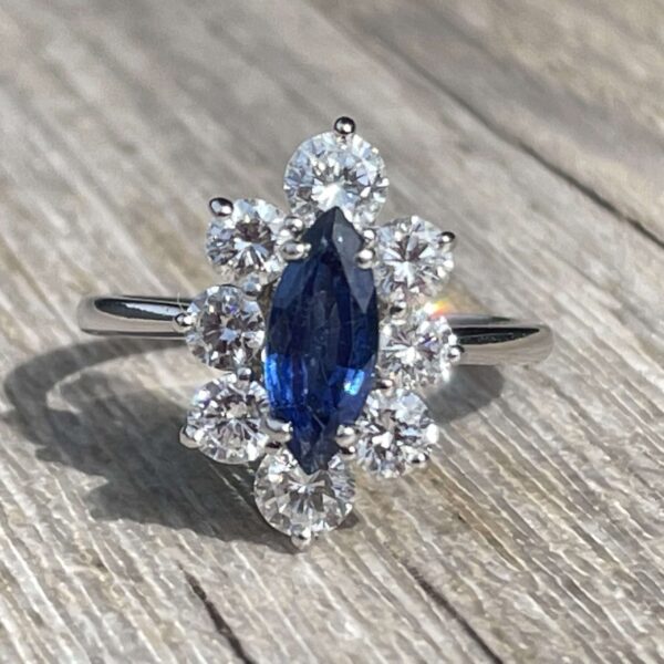 Bague Marquise saphir diamants or 18 carats occasion