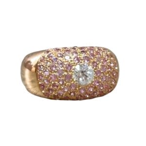 Bague dôme saphirs roses diamant en or 18 carats d'occasion