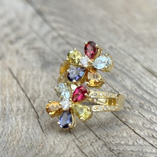 Bague fleurs pierres fines diamants or 18 carats Tanzanite tourmaline rose