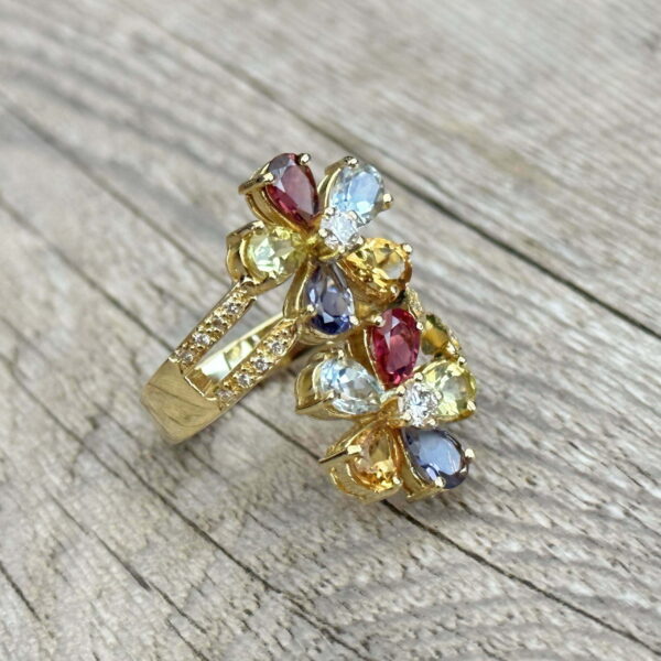 Bague fleurs pierres fines diamants or 18 carats Tanzanite tourmaline rose