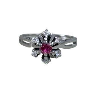 Bague marguerite rubis diamants en or 18 carats d’occasion