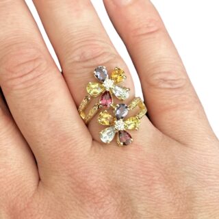 Bague florale or jaune 18 carats diamants naturels et pierres fines multicolores 4,40 carats
