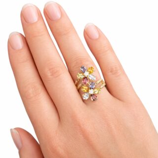 Bague fleurs pierres fines multicolores et diamants en or 18 carats – bague cocktail joaillerie